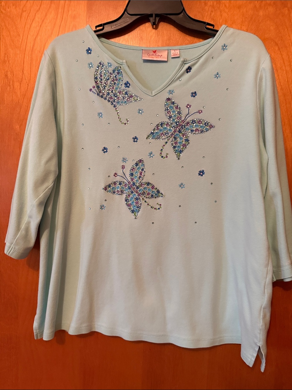 Quacker Factory Light Mint Embellished Butterfly V-Neck Tunic